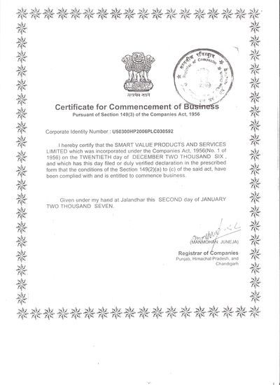smart value certificate of business